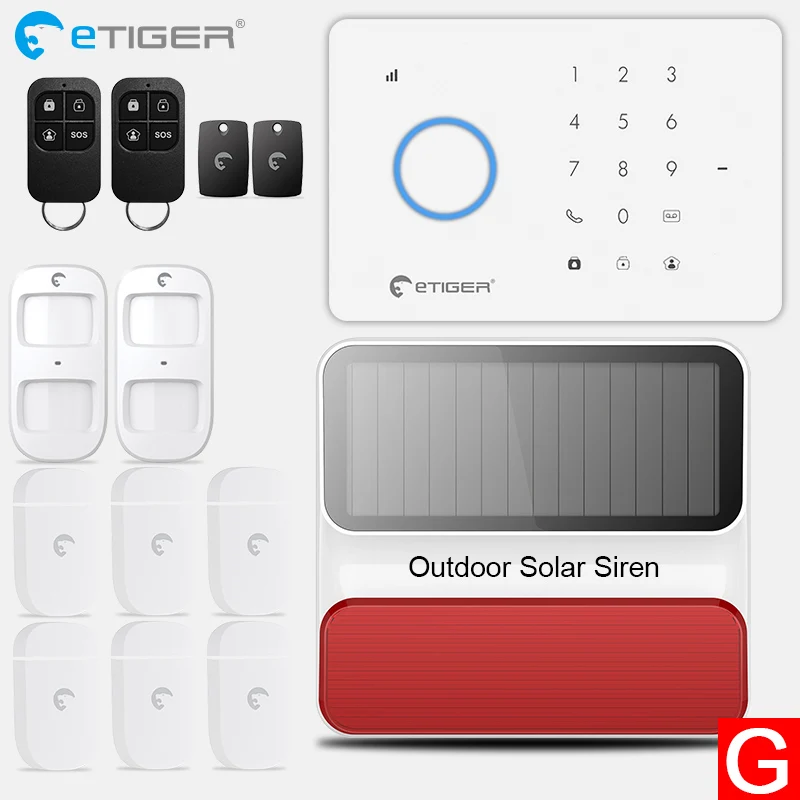 ETiger S3b GSM сигнализация Системы комплект домашней сигнализации умный дом открытый Солнечной Сирена - Цвет: SET  G