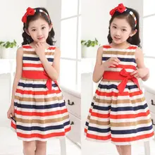 2016 Baby Kids Girls Party Rainbow Striped Bowknot Dresses Gown Fancy Dress 2 To 7Y