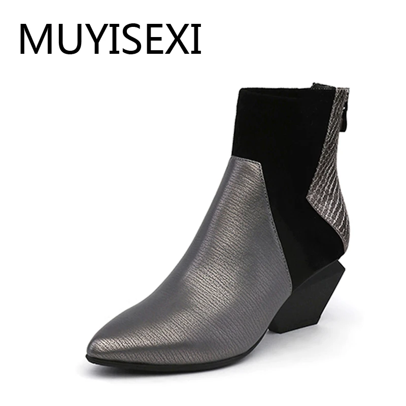 

Clear stock! Zipper Boots Genuine Leather Thick High Heel 6 cm Pointed Toe Ankle Boots for Women Shoes MUYISEXI