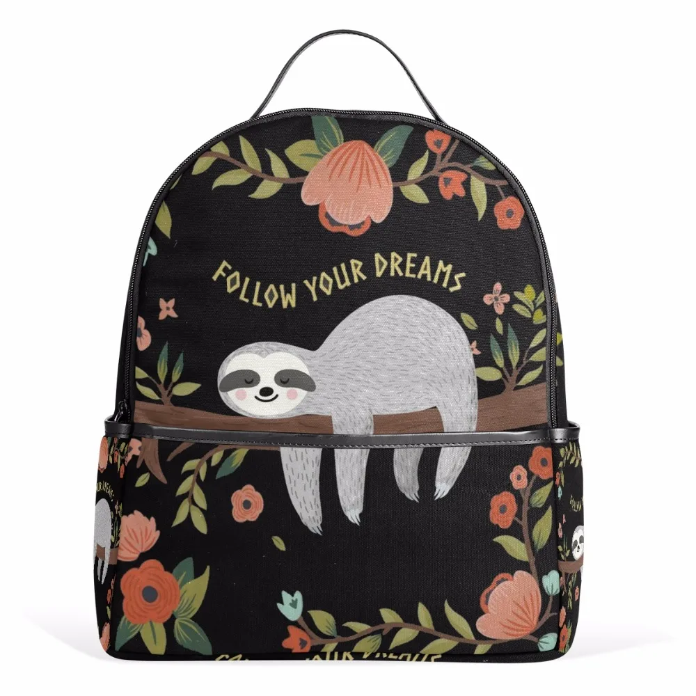 Cute Sloth Flowers Backpack Travel Daypack Zipper Backpack Bags for