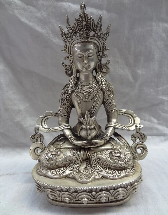 

9" Tibet Silver Buddhism Dragon Head Portect Amitayus Buddha Bronze Tara Statue