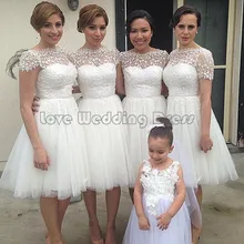 Elegant Short Knee bridesmaid dresses Tulle Ruched wedding party gown Appliques formal party vestido de casamento