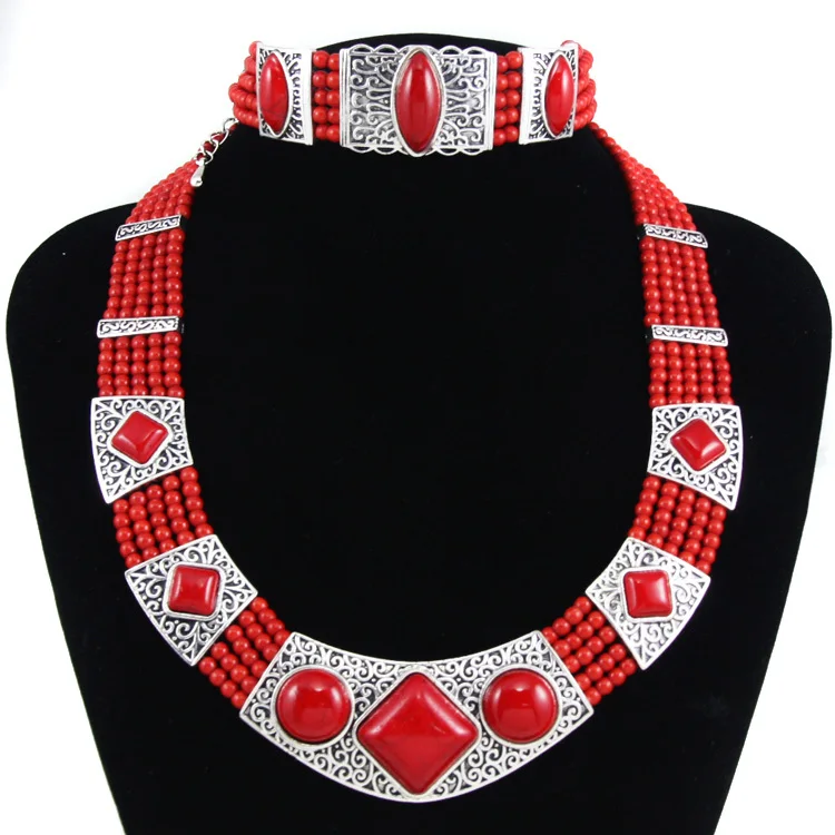 

Fashion Women Jewelry Sets Tibetan Red Stone Jewelry Sets Beads Choker Necklace Chain Bracelets Boho Bohemian Jewelry nkem39