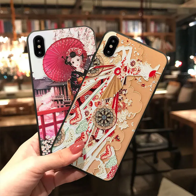 

Japanese Kimono Girl Embossed Phone Case for iPhone 6 6S 7 8 Plus X XS MAX XR Capa Soft TPU Back Cover for OPPO R15 R17 Coque