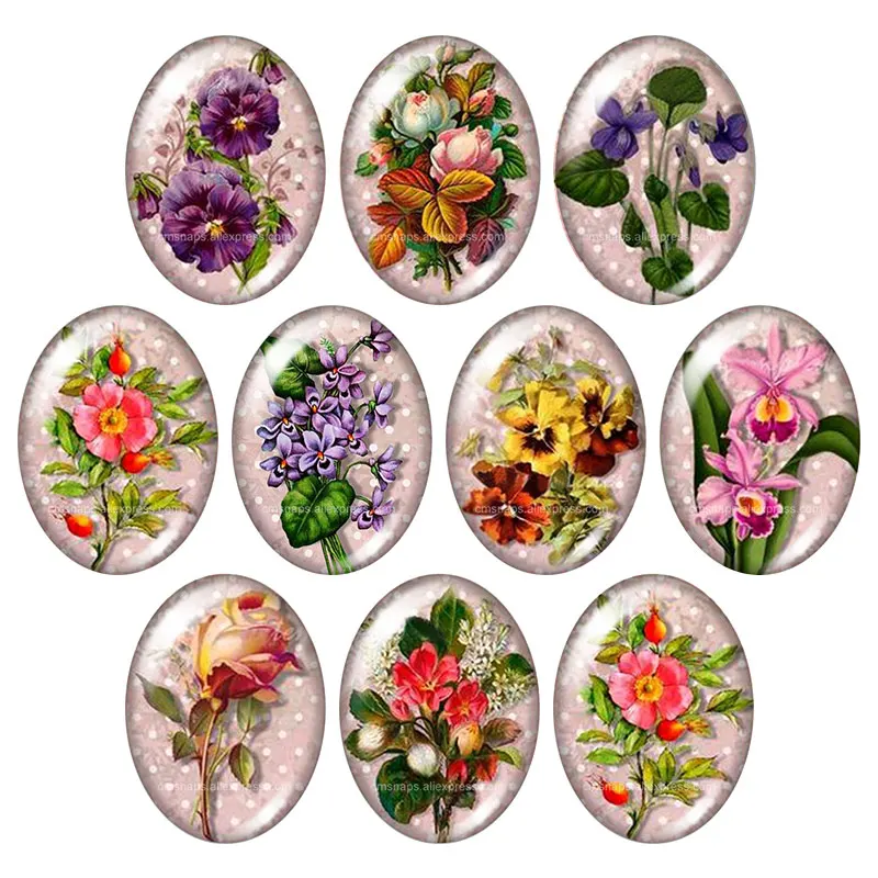 뷰티 빈티지 꽃 로즈 데이지 10pcs 13x18mm/18x25mm/30x40mm 타원형 사진 유리 카보 숑 데모 플랫 백 결과 만들기 TB0043