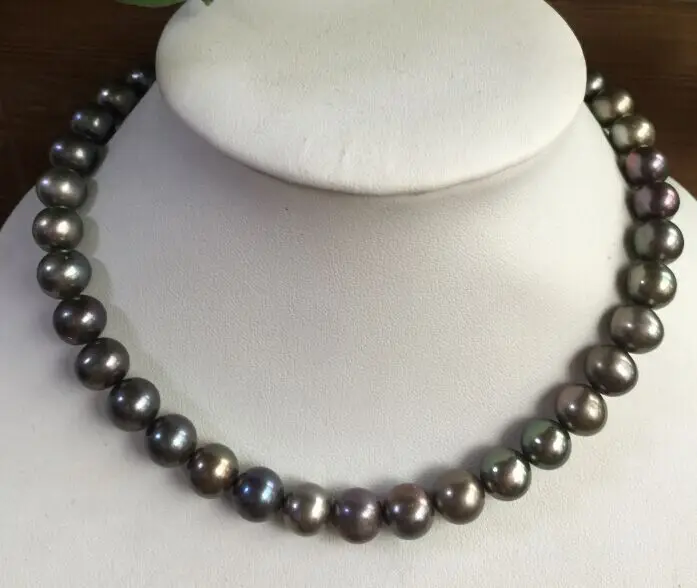 

stunning AAA 11-12mm freshwater black green pearl necklace 18inch 925silver