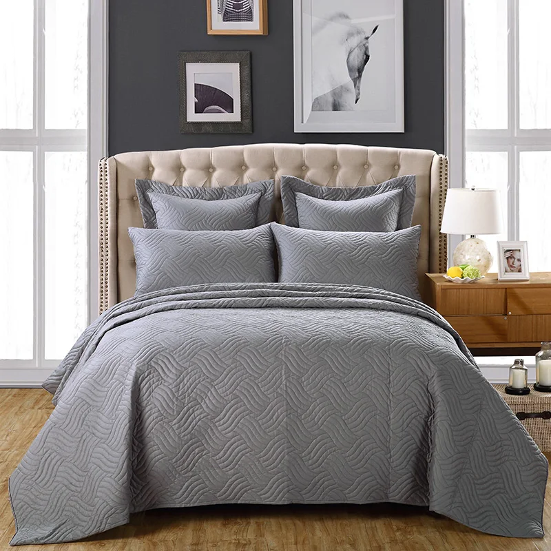 Quilted Cotton Thick Queen King size Gray Bedding Sets ...