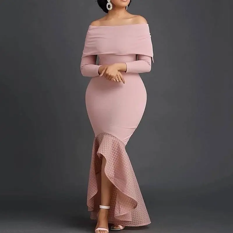 Тонкое женское асимметричное длинное платье в стиле русалки с открытыми плечами и оборками, женское розовое вечернее платье для вечеринки и ужина,, Vestido, длинное платье-труба