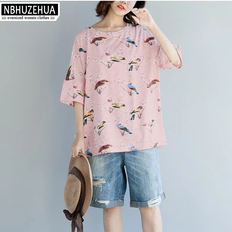 

NBHUZEHUA A185 4XL 5XL Plus Size Women Clothing Summer Tops Bird Print Cute T Shirt Loose Cotton Pink Yellow Top Camisas Mujer