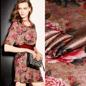

118cm wide 19mm 93% silk & 7% spandex pink floral print brown stretch silk satin fabric for dress shirt clothes cheongsam D765