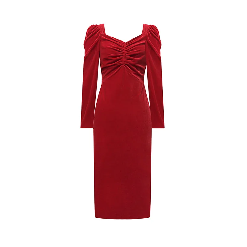 Сексуальное бархатное платье-карандаш с пышными рукавами для женщин Весна Зима красное вечернее платье с длинным рукавом облегающее элегантное платье Vestido H6864