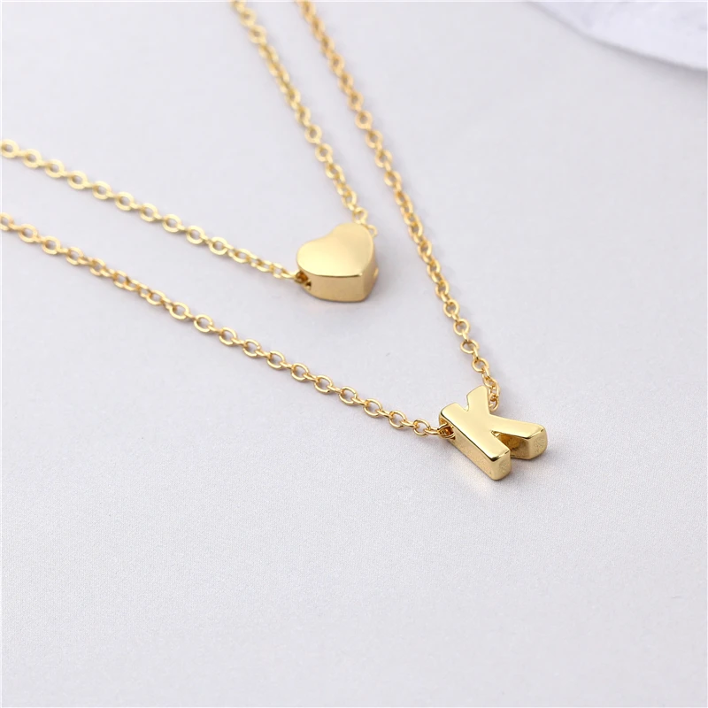 

10pcs Personalized Sweet Love letter With Heart Or Two Letters Necklace Jewelry-Two layer Tiny Initial letter Necklace-Gift Idea