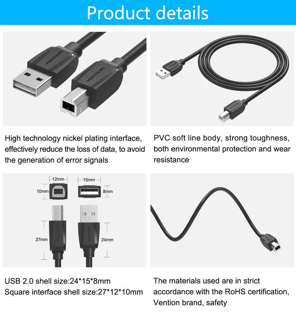 Vention позолоченный USB кабель USB для принтера Тип B папа-папа USB2.0 кабель для Canon Epson hp ZJiang принтер этикеток DAC USB принтер