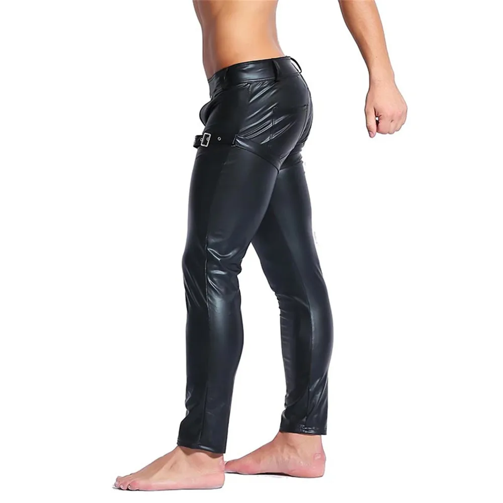 Gothic Men Skinny Vinyl Leather Pants Erotic Nightclub Stage Performance Open Crotch Trousers Gay Fetish Crotchless Club Pants (4)