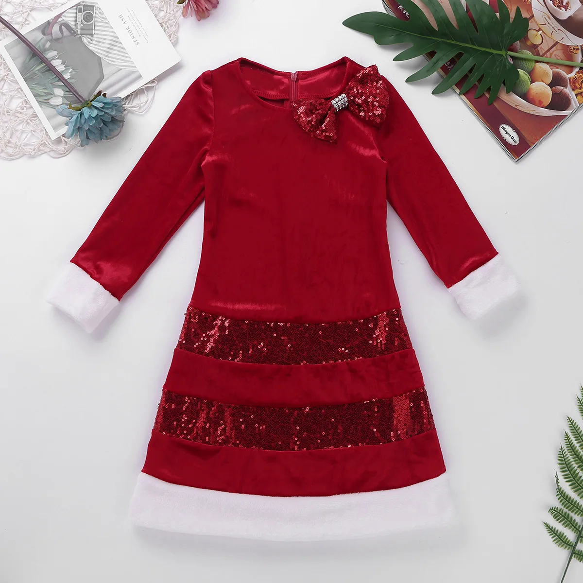 Рождественское платье детский Рождественский костюм Санта-Клауса из белого искусственного меха, длинные рукава, платья на Рождество, вечерние платья - Цвет: Red