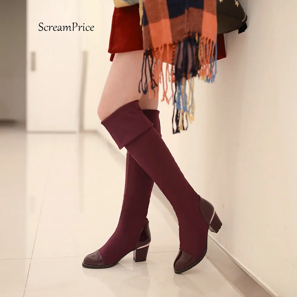 

Comfort Square Heel Platform Thigh Boots Winter Slip On Dress Woman Boots Round Toe Boots Black Wine Red Green