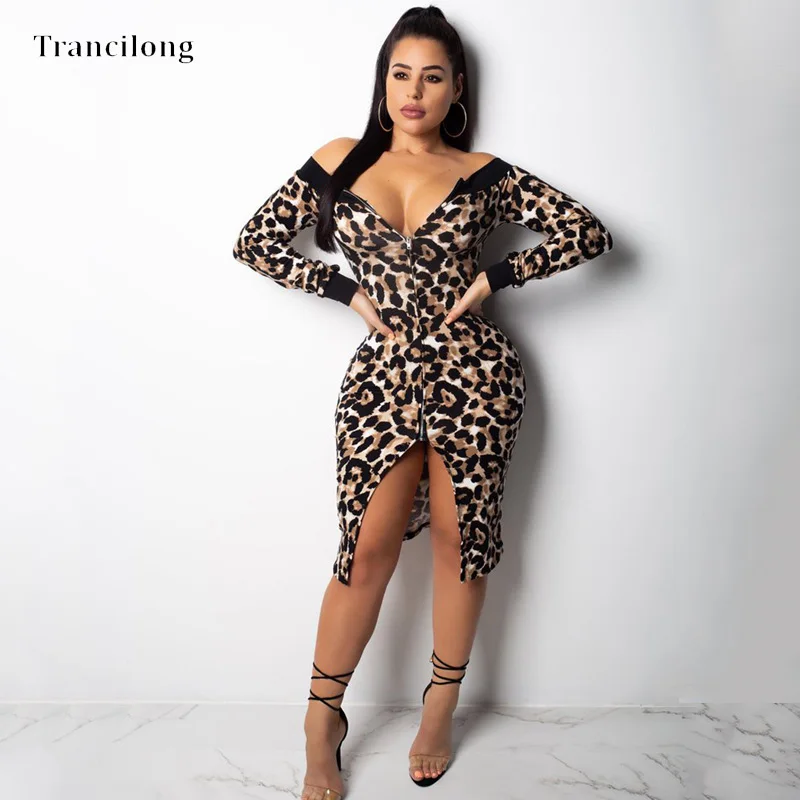 

Trancilong 2019 Sexy Word Collar Leopard Midi Dress Summer High quality Female Long Sleeve Zipper Party Dress Birthday Dress