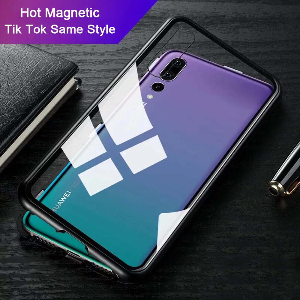 Ollivan Magnetic Adsorption Case For Huawei P20 Lite Luxury Magnet Aluminum Metal Bumper Glass Cover For Huawei P20 Pro P20 Case