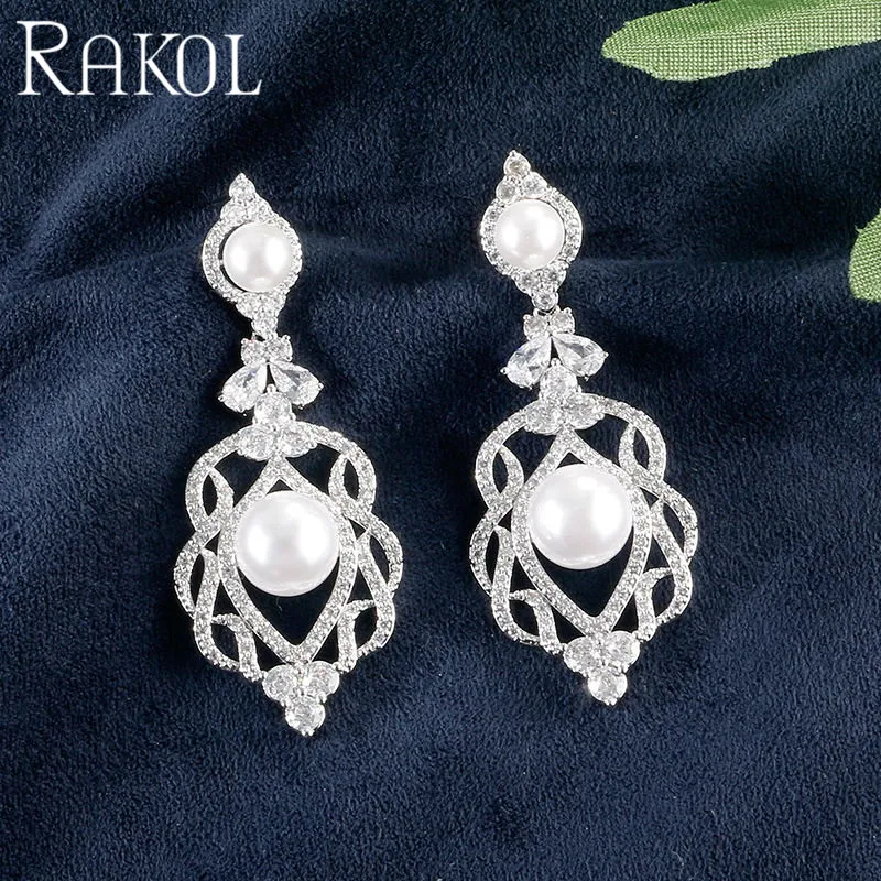 

RAKOL Women's Luxury Pearl Drop Crystal Big Dangle Earrings Bride Women's Wedding Party Clothing with Jewelry RE23315J