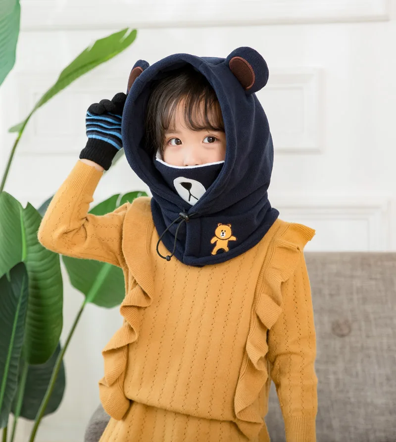 2018 бархат 4 to10 лет девочки шапочки для мальчиков одежда с изображением мишки зимняя шапка предотвратить туман пыли толщиной детская