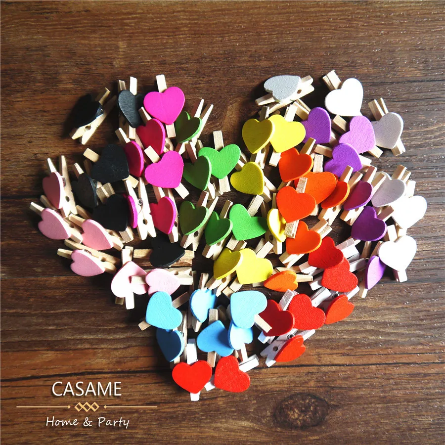 

200pcs/lot red heart home decoration wooden clips clamp memo clip paper wood clip Photo frame decoration wooden clamps clip