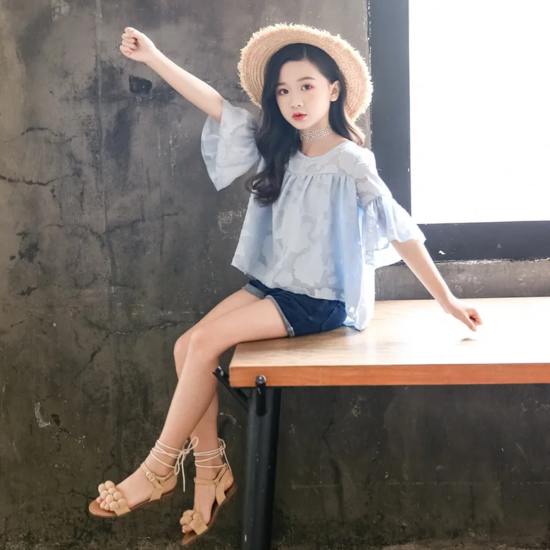 chiffon girls clothes kids summer outfit white blue short sleeve top+Denim Shorts boutique clothing 2019 back to school  4-9Y