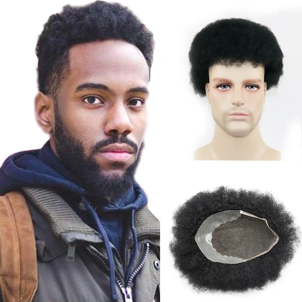 

Afro Curly Toupee Super Thin Based Men's Wig 100% Human Hair Q6 Base PU and Swiss Lace Toupee For Men