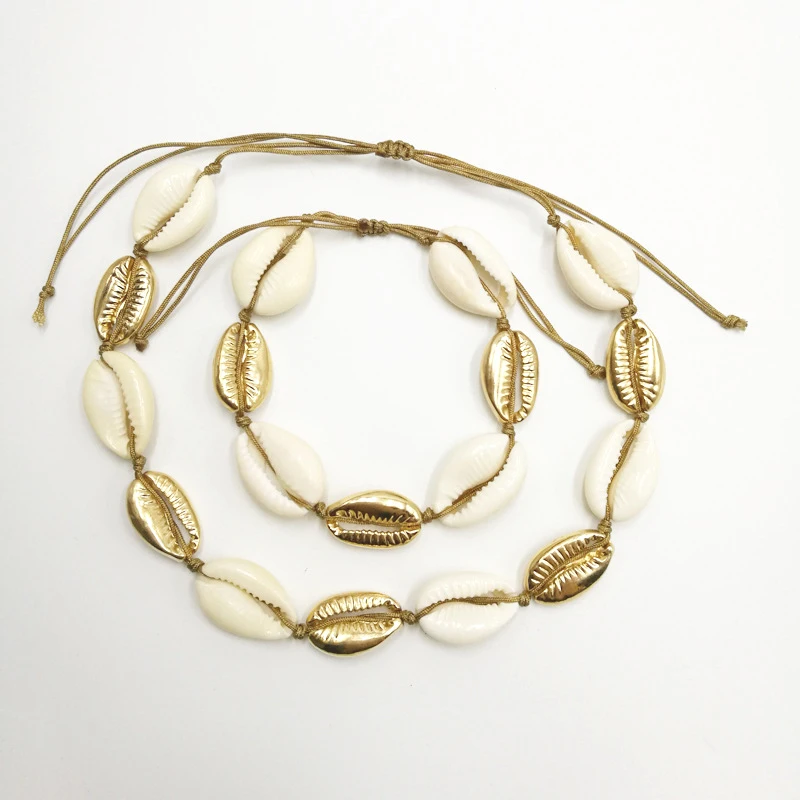 

Bohemia Natural Shell Gold Silver Color Short Necklace Women Hand Knitted Rope Shell Chain Statement Bracelet Set Chain Jewelry