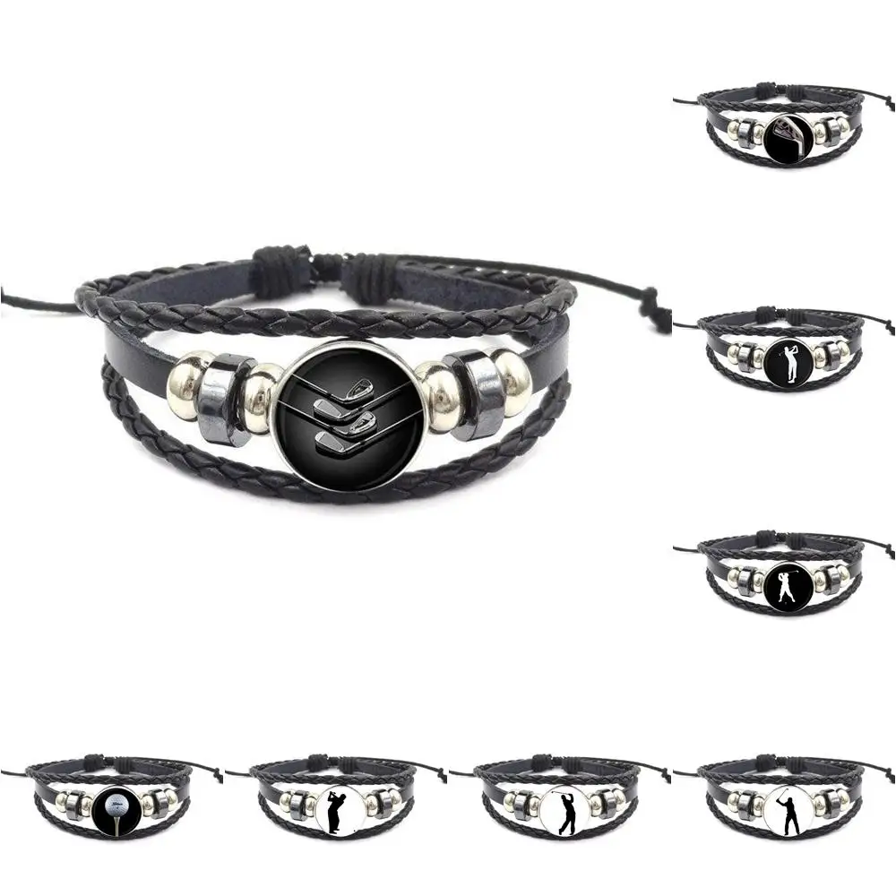 EJ Glaze Black Leather Bracelet Bangle Glass Cabochon Vintage Statement Fashion Jewelry For Men Women Gift Golf Player