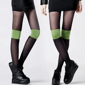 

YSDNCHI Sexy Pantyhose Women Tights Over Knee Wide Stripe Green Black Patchwork Pantyhose High Stocking Girl Elastic Tights