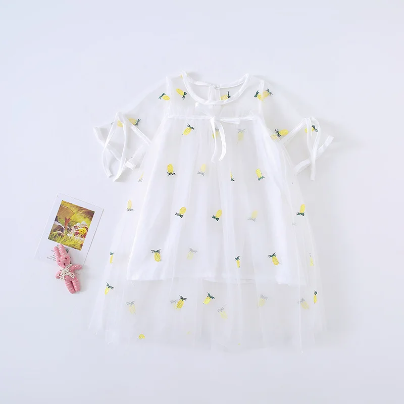 Новое поступление; летнее платье принцессы в Корейском стиле с вышивкой в виде ананаса; платье с короткими рукавами для милых маленьких девочек