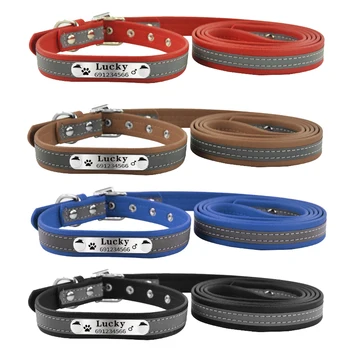 

New Arrival Pet Products Reflective Style Soft Leather Small Medium Dog Personalized Collar Leash Lead Set Engraved Name Free