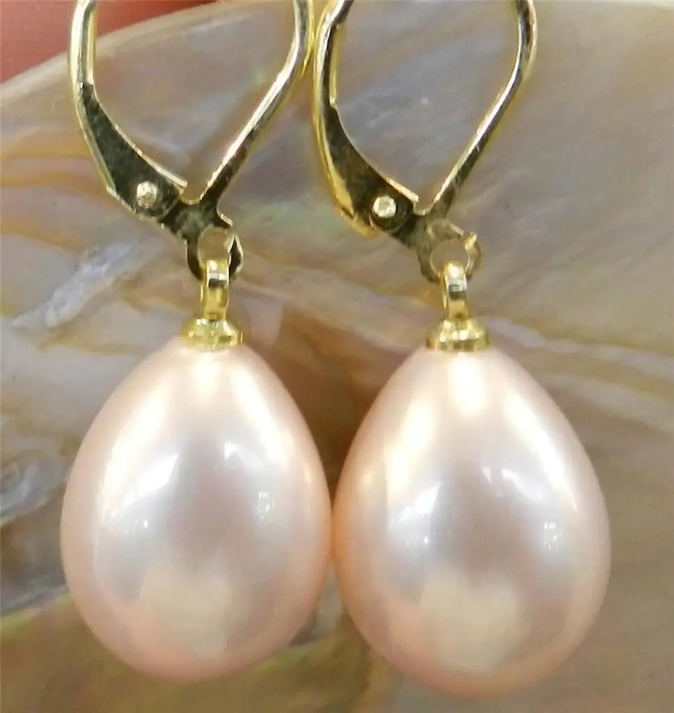 AA Beautiful 12x16mm Pink Shell Pearl Drop Dangle Earrings Gradein