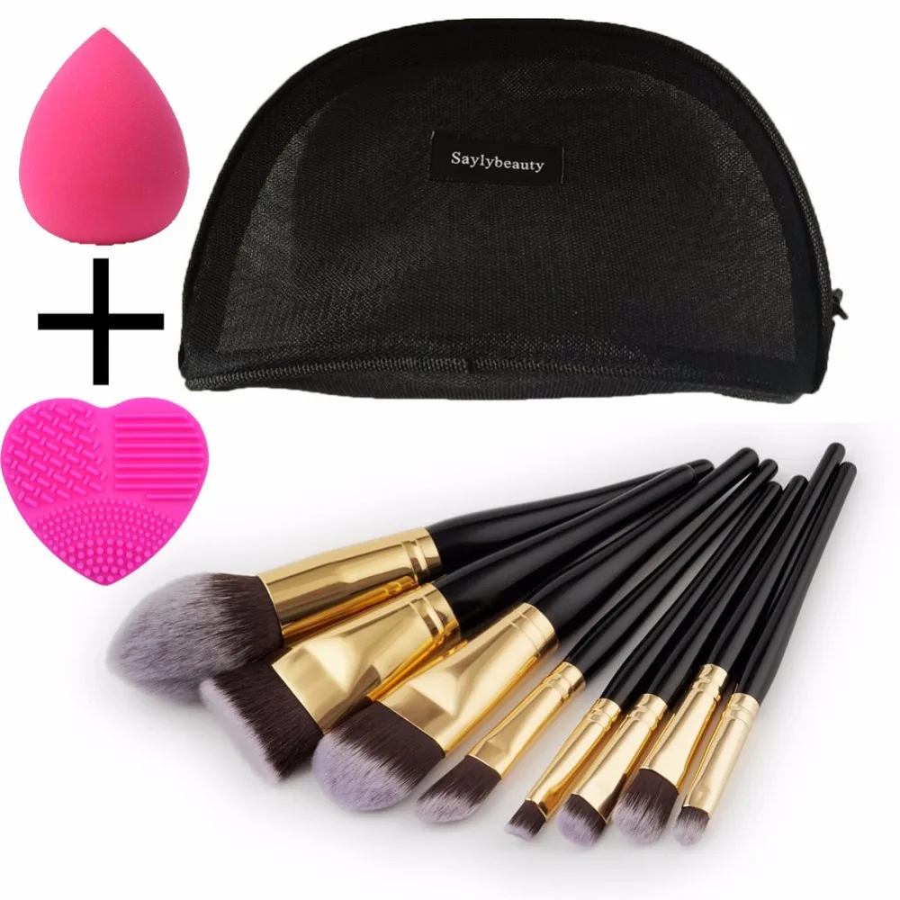 

Saylybeauty 8+2 pcs/set Professional Makeup Brushes Set Make up Brush Tools kit Foundation Powder Brushes Makeup Sponge Cleaner