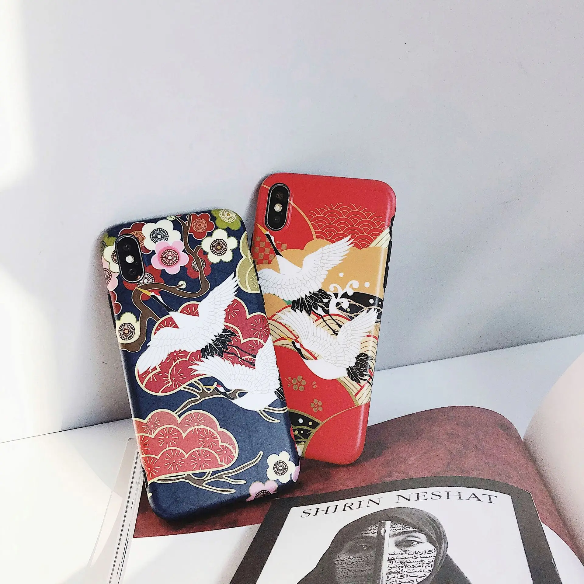 

Retro Chinese style Relief crane iphonecase for 6s 7 8plus xs max Half-wrapped Case Waterproof Dirt-resistant Anti-knock