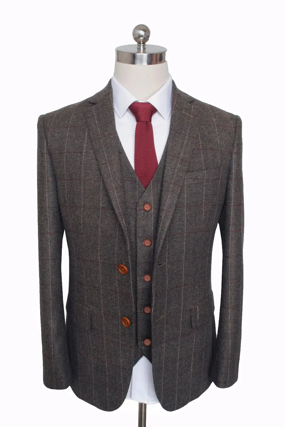 

Custom Made Woolen windowpane dark brown Herringbone Tweed British style Mens suit tailor slim fit Blazer wedding men suit