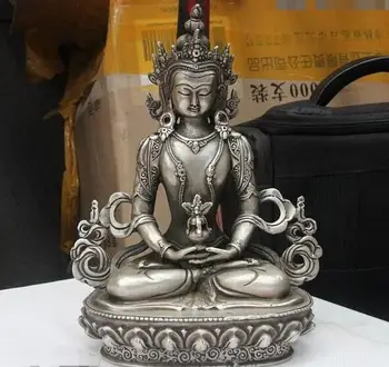 

Tibet White Copper Silver Amitayus longevity Kwan-yin Bodhisattva Goddess Statue