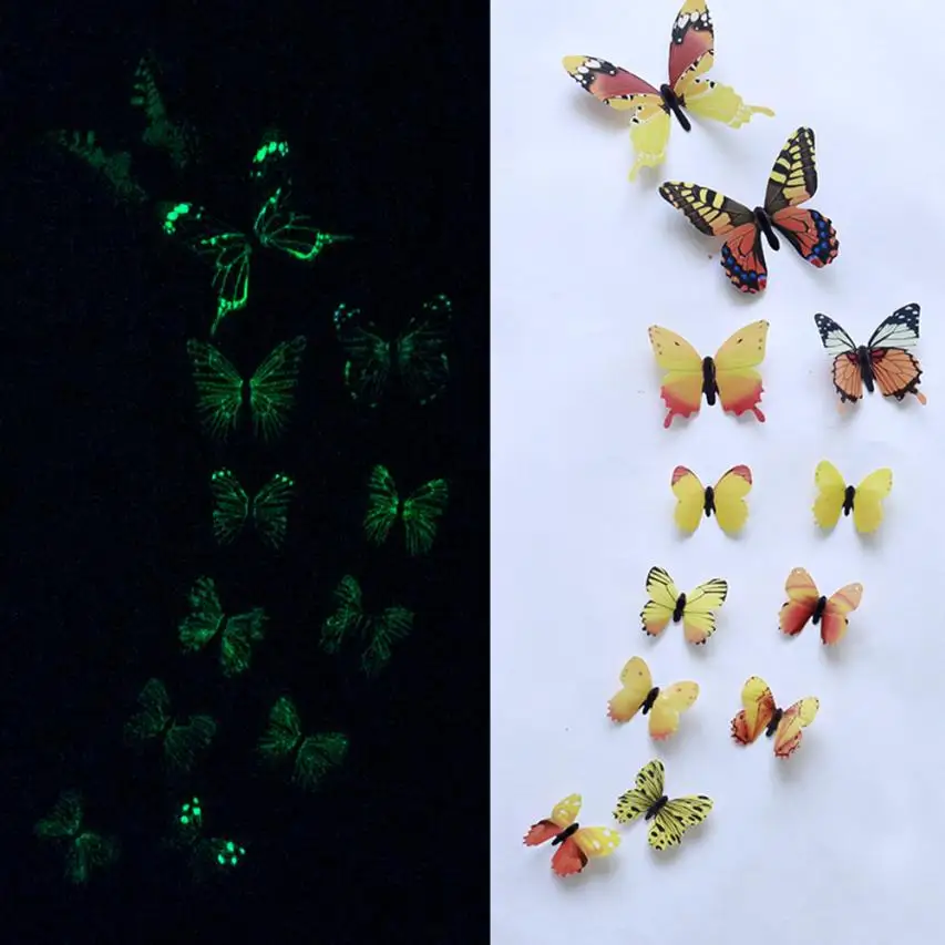 12pcs Luminous glow in dark Butterfly Design Decal Magnetic magnet sticking 3D double feather butterfly fridge stickes 802 - Цвет: F