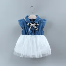 Новое летнее платье для девочек джинсовое кружевное платье принцессы с бантом Милая Одежда для девочек детская одежда Вечерние Повседневные платья