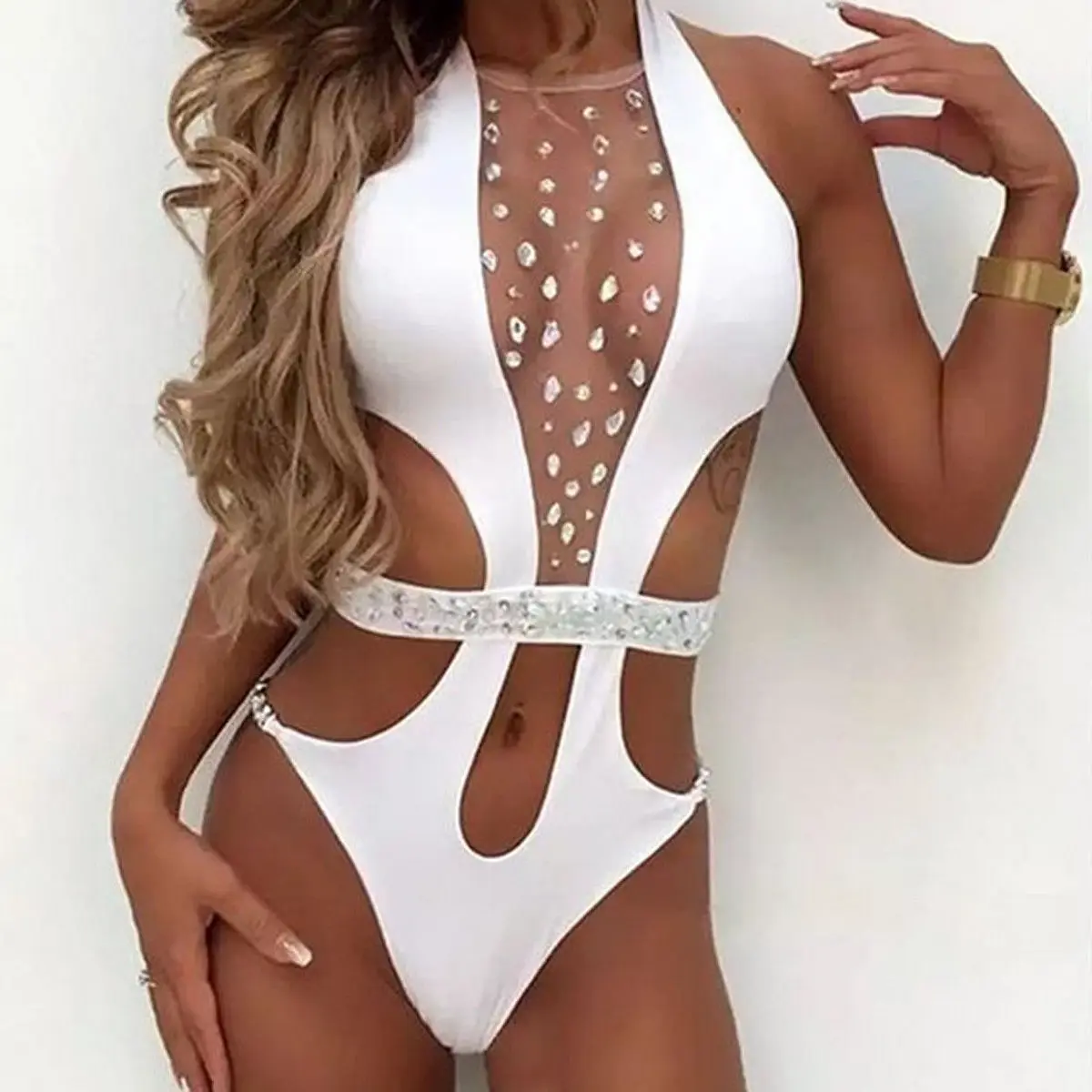 

Fashion Diamonds One-piece Women's Swimsuit Sexy Openwork Bandage Monokini Push Up Swimwear Beachwear