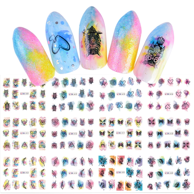 12 видов конструкций акварельные наклейки для дизайна ногтей слайдер DIY градиентные амулеты красочные маникюрные наклейки для дизайна ногтей Водные Наклейки TRBN409-444