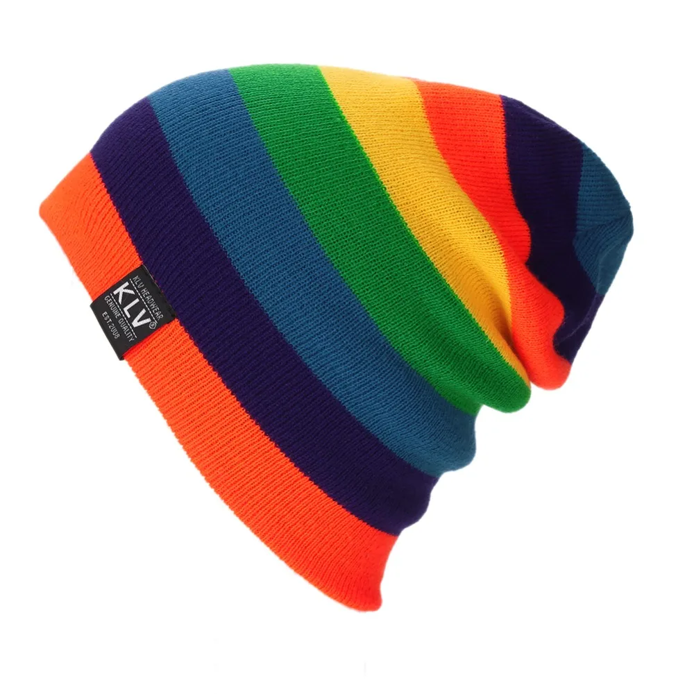 New Winter Men Women Beanies Striped Rainbow Colors Hat Cotton Knitted