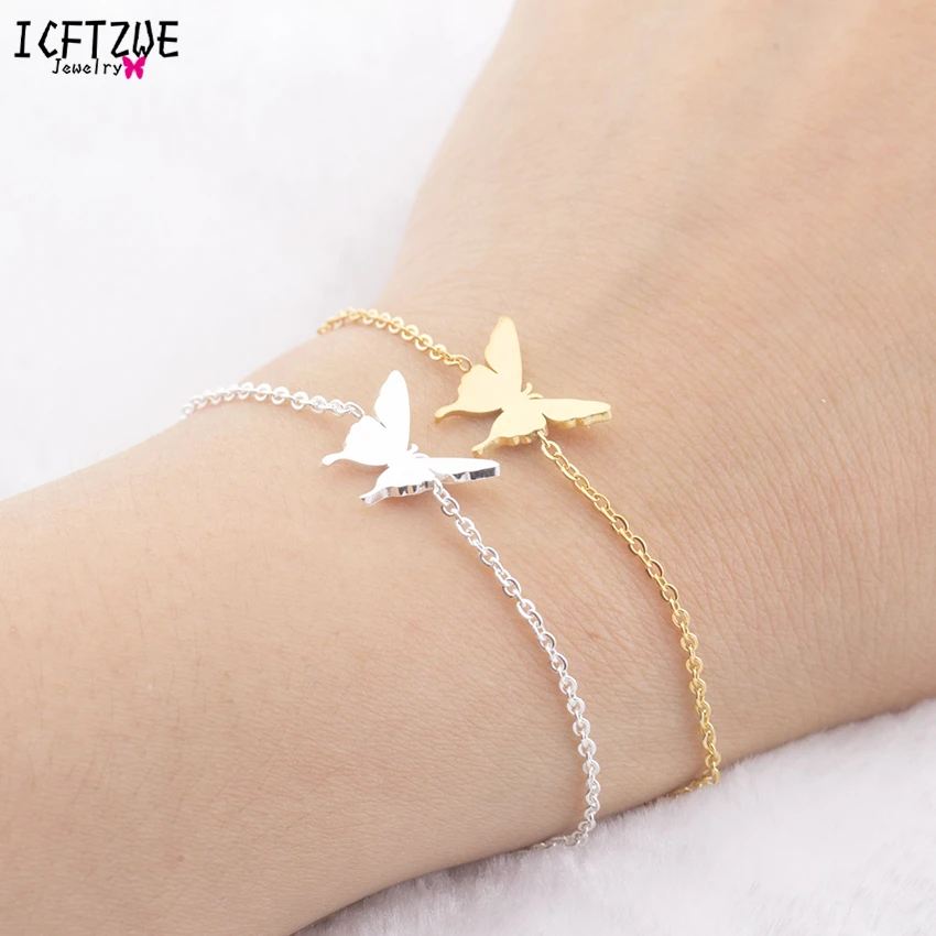 

ICFTZWE Minimalist Jewelry Pulseras Mujer Gold Colour Stainless Steel Chain Butterfly Bracelet for Women Bijoux BFF