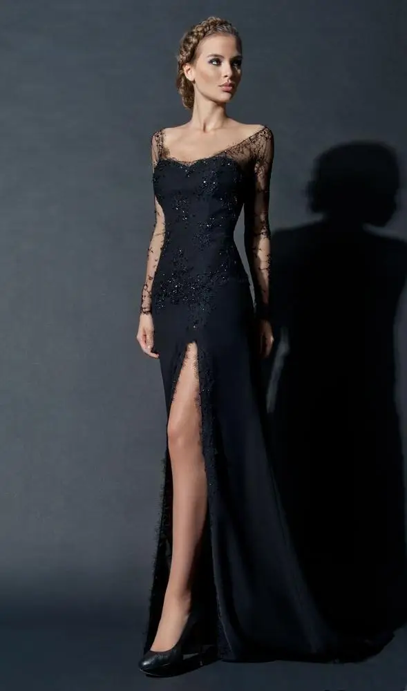 Sexy Black Sequin Lace Long Sheer Sleeve Elegant Evening Gown Side Slit Long Celebrity Dresses with Scoop Neckline