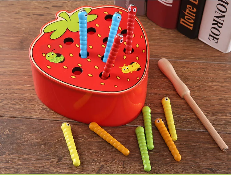 3D Puzzle Baby Wooden Toys Early Childhood Educational Toys Catch Worm Game Color Cognitive Strawberry Grasping Ability funny