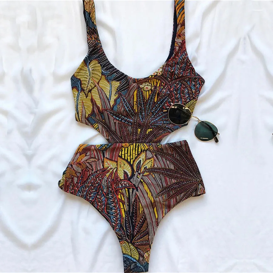 

Vintage Printed Bandage One Piece Swimsuit Women Swimwear High Cut Out Monokini High Waist Bathing Suit Sexy Bodysuit Beach Wear