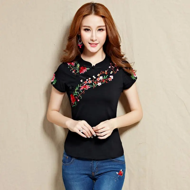 Китайская Этническая женская футболка с вышивкой, хлопок, плюс размер, летние топы с коротким рукавом, футболки, одноцветная белая женская одежда - Цвет: Черный
