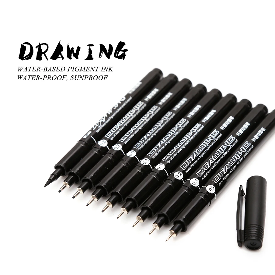

9Pcs/Set Black Pigment Liner Neelde Water-proof Drawing Pen Pigma Micron Sunproof Marker Pen For Sketching Hook Art Pen