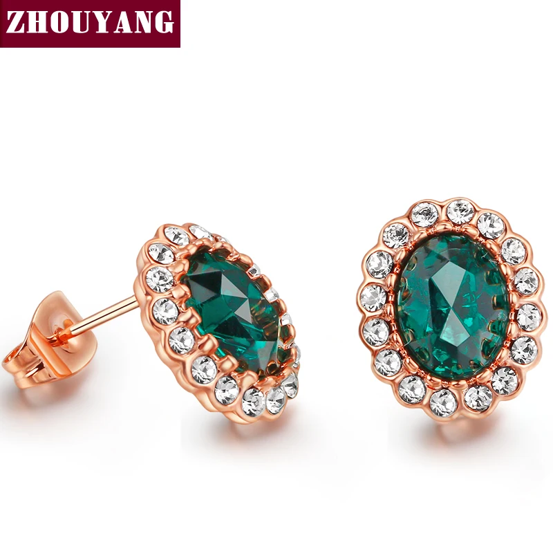 

ZHOUYANG Elegant Created Green Crystal Stud Earrings Rose Gold Color Fashion Jewelry Women Wholesale ZYE107