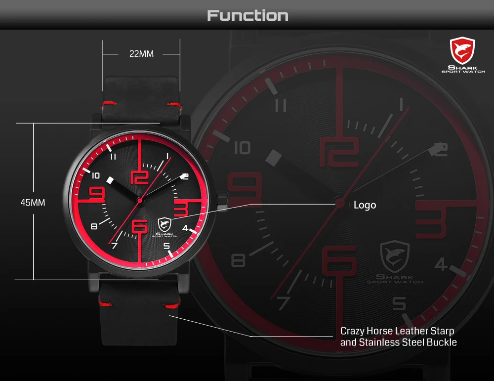 Bahamas Пилы акула спортивные часы черный, красный Для мужчин кварц простой аналоговый 3D Уход за кожей лица часы Crazy Horse кожа дизайнер Часы/sh567